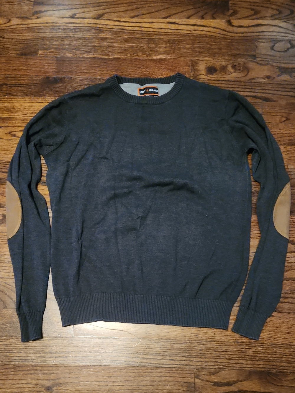 Men's Crewneck Sweater with Tan Elbow Patches - Dark Gray